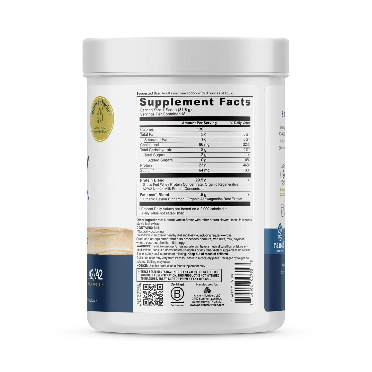 Ancient Nutrition Vanilla Cinnamon Fat Loss Blend Whey Protein